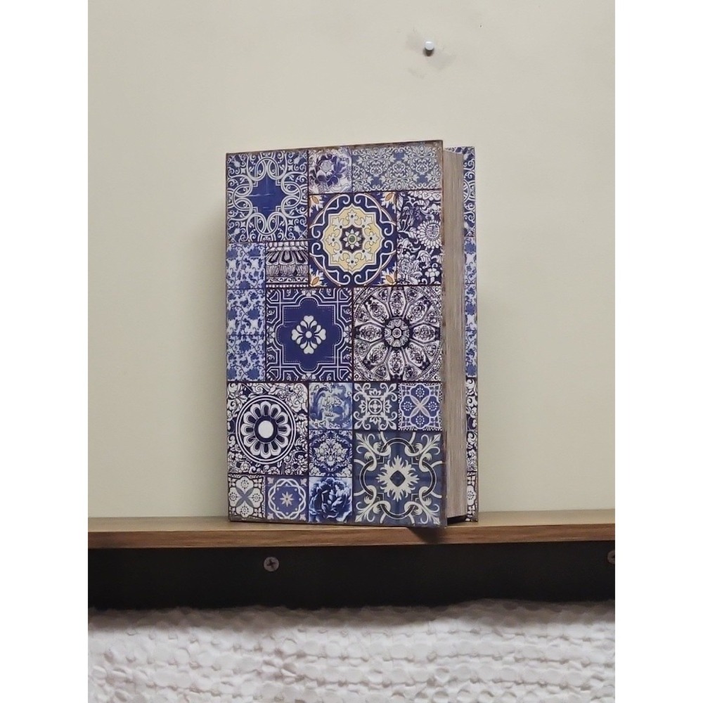 Ashland Faux Decorative Book Box Mediterranean Ceramic Tile Style Blue Large